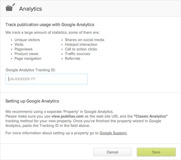 google analytics integration screen in Publitas digital catalog software